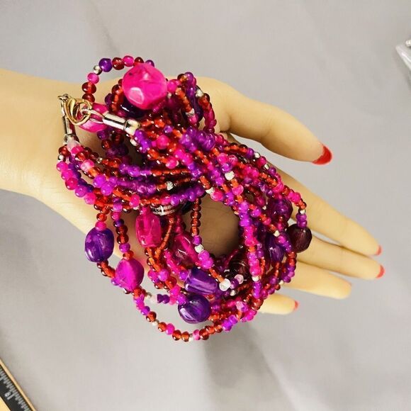 Vintage Multi Strand Glass Lucite Necklace Glass Purple Pink Shade Beads 4713 - Picture 7 of 10